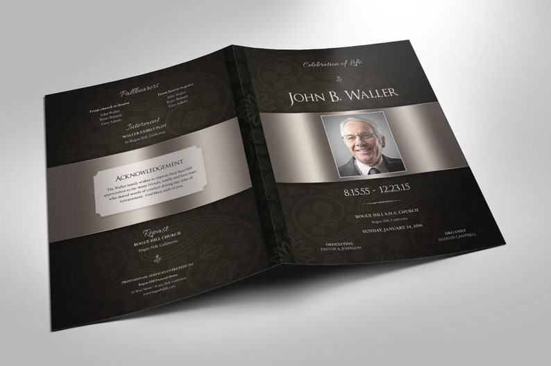 Black Silver Tabloid Funeral Program Template Word Template, Publisher Celebration of Life 8 Pages 11x17 in image 2