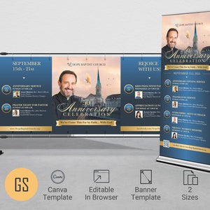 Church Anniversary Banner Template: Blue and Gold Design (Canva, Digital Download)