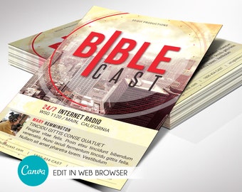 May include: A flyer for a 24/7 internet radio station called "Bible Cast". The flyer features a red and white circle with the words "Bible Cast" in red text. The flyer also includes the station's website address and phone number.