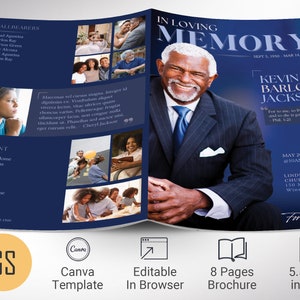 Plantilla de programa funerario de Blue Dawn para Canva, estilo revista, azul marino, celebración de la vida, plantilla de obituario para hombres, 8 páginas, 5,5 x 8,5 pulgadas