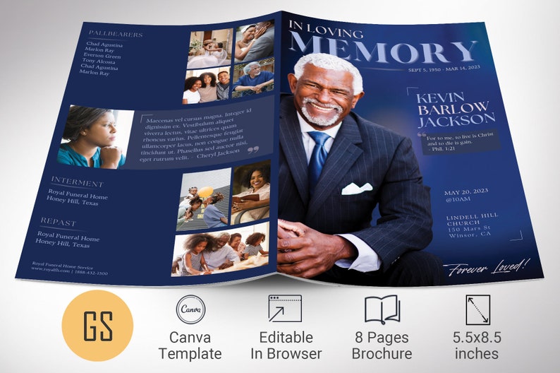 Cover of Brochure - Say goodbye to the traditional, regular funeral program with the Dawn Funeral Program Template for Canva (8 pages, 11x8.5 inches, bifold to 5.5x8.5 inches). This expressively designed Dawn blue celebration of life bi-fold brochure