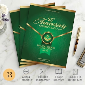 Modello di programma per il gala dell'anniversario verde e oro / Canva: opuscolo pieghevole da 8 pagine (8,5x11) download digitale