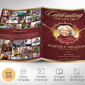 Plantilla de programa de funeral de Victoria para Canva, color burdeos y dorado, celebración de la vida, plantilla de obituario para mujeres, imprimible, 8 páginas, 5,5 x 8,5"