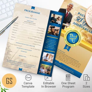 Clergy Anniversary Program Canva Template: Blue & Gold Church Celebration (Digital Download)