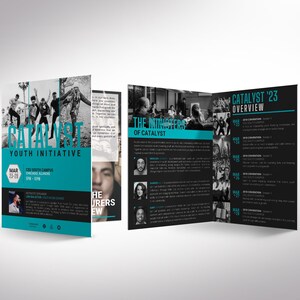 Blue Catalyst Youth Conference Tabloid Program Template for Canva. Perfectly sized at 17x11 inches and folding to 8.5x11 inches, this 8-page bifold church program template offers plenty of room for your event schedule, speaker bios, ministry details, and volunteer opportunities