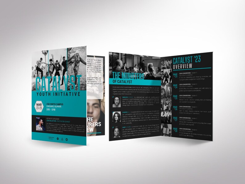 Blue Catalyst Youth Conference Tabloid Program Template for Canva. Perfectly sized at 17x11 inches and folding to 8.5x11 inches, this 8-page bifold church program template offers plenty of room for your event schedule, speaker bios, ministry details, and volunteer opportunities