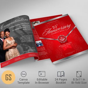 May include: A bi-fold booklet with a red and silver design, celebrating the 25th Anniversary Charity Ball. The cover features the text "25th Anniversary Charity Ball" and "Building Bridges, Saving Lives." The inside spread includes a photo of a couple and the text "Congratulations to Hope Community Church on Celebrating 55 Years of Service to the Lord."