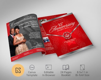 Plantilla para libro de recuerdos del aniversario de la iglesia: Programa de gala de 24 páginas en rojo y plata para Canva (8.5x11)