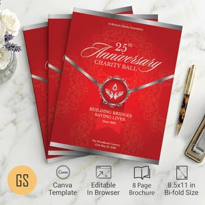 Rotes Silber Jubiläum Gala Programm Vorlage | Canva: 8-seitiges, faltbares Booklet (8.5x11) Digital Download