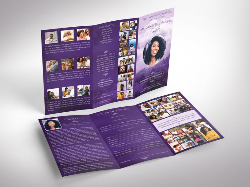 Purple Sky Legal Trifold Funeral Program Template, Canva Template Celebration of Life, In Loving Memory 14x8.5 in image 3