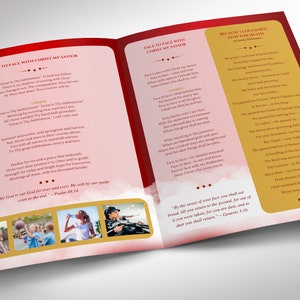 Red Ribbon Tabloid Funeral Program Template for Canva has 8 Pages and is designed with a red ribbon over a golden background and clouds. The Tabloid Print Size of 17x11 inches is Bi-Fold to 8.5x11 inches. The celebration of life bi-fold brochure