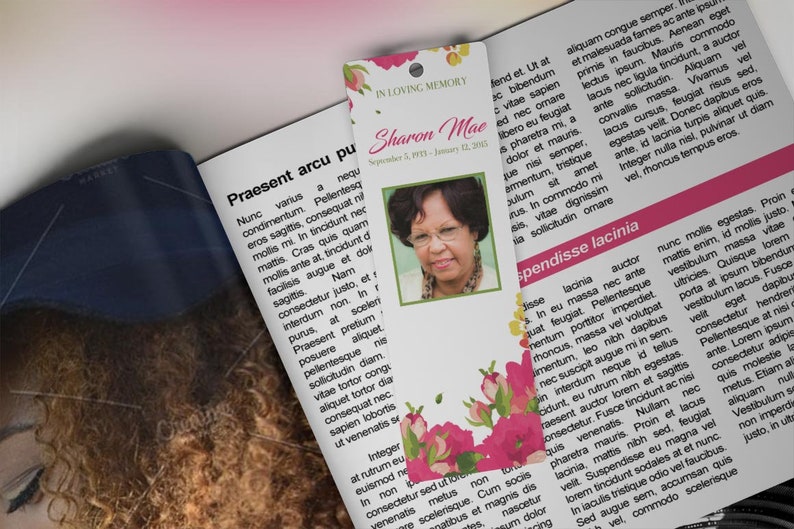 Pink Watercolor Funeral Bookmark Template for Word and Publisher is Size 2.5x7.75 inches. The funeral favor features fuchsia, green, and pink watercolor flowers combined with decorative text. Geared for memorial or funeral services.