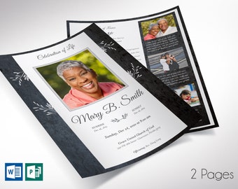 Graystone Funeral Program Template | Word Template, Publisher | Black White, One Sheet, Celebration of Life for Women | 8.5x11 in