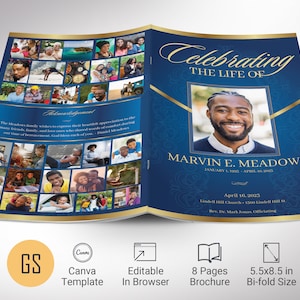 Plantilla de programa funerario en oro azul para Canva, Victoria, Celebración de la vida, Servicio conmemorativo, Plantilla de obituario para hombres, 8 páginas, 5,5 x 8,5 pulgadas