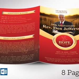 Red Gold Pastor Anniversary Program Template: Editable Printable (5.5x8.5&quot;, 8 Pages)