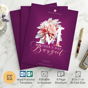 Mother's Day Banquet Program Template | Word Publisher: Purple & Pink 4-Page Bifold Floral Brochure (8.5x11)