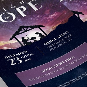 Hope Christmas Flyer Word and Publisher Template, 5.5 x 8.5 inches, has a nativity as the focal point with a colorful starry night sky. The invitation is great for Christmas Plays and Cantatas.