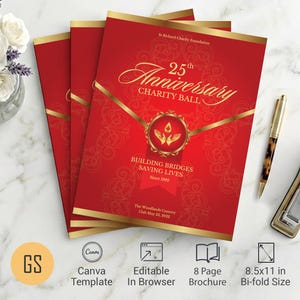 Red & Gold Anniversary Gala Program Template | Canva: 8-Page Bifold Booklet (8.5x11) Digital Download