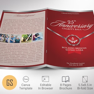 Può includere: Un opuscolo di 8 pagine rosso e argento con un nastro argentato e un cuore rosso con una goccia di sangue. Il testo recita "25° Anniversario Ballo di Beneficenza" e "Costruire ponti Salvare vite".