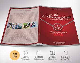 Red Silver Anniversary Gala Program Template, Canva Template, Fundraiser Event, Banquet Program, 8 Pages, 5.5x8.5 in