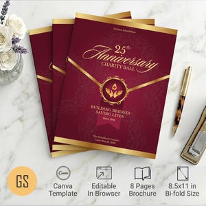 Burgundy Gold Anniversary Gala Program Template: 8 Page Church Banquet Bulletin (8.5x11) Digital Download