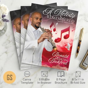 Rotes musikalisches Trauerprogramm – Canva-Vorlage, 8 Seiten, 8,5 x 11 Zoll, Musik-Nachrufheft (Digitaler Download)