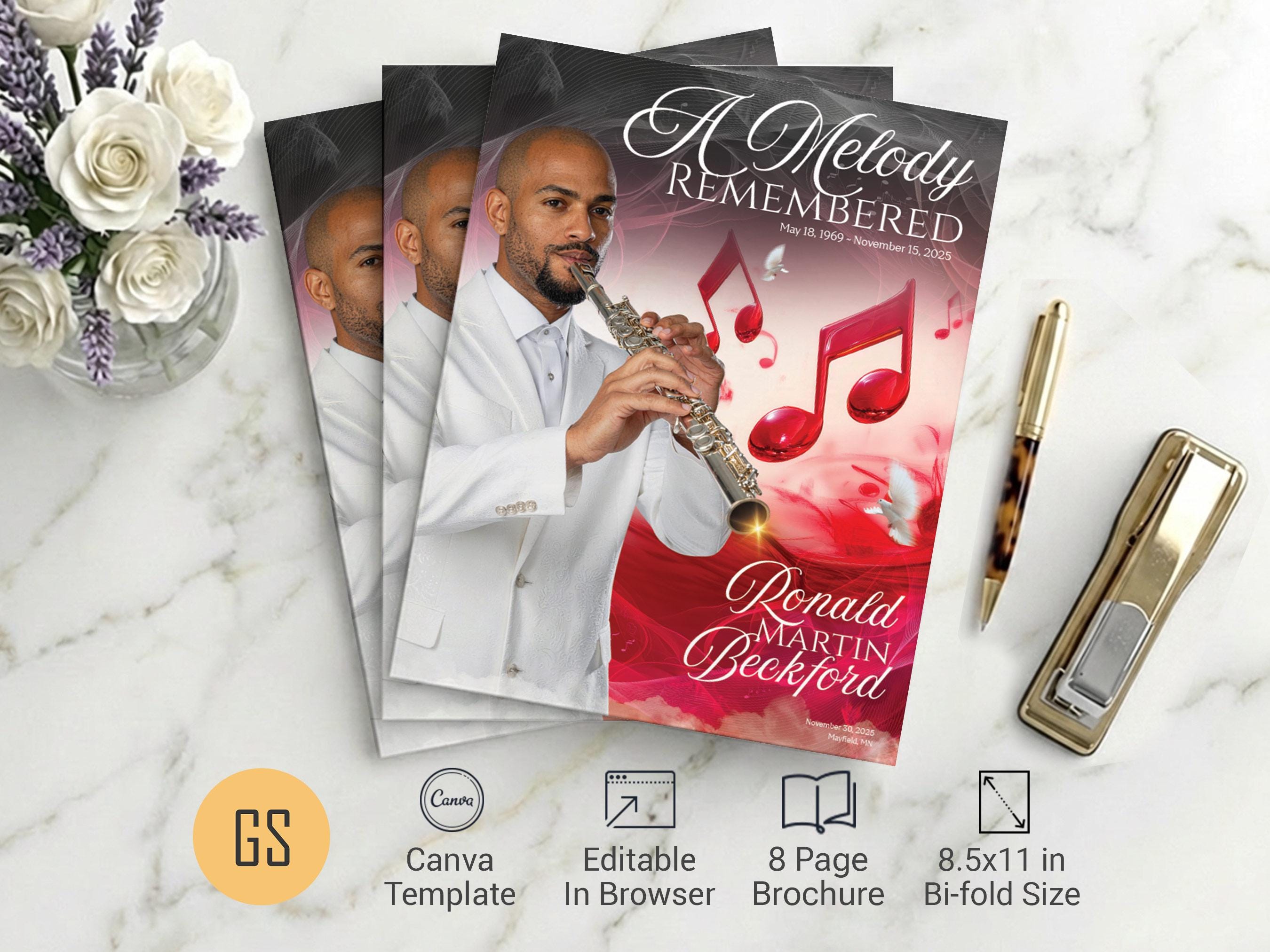 Musical Funeral Red Musical Funeral Program Template for Canva: 8 Page Bifold Memorial ...