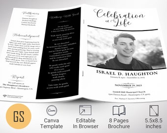 Minimalist Funeral Program Template, Canva Template | Celebration of Life, Obituary Program | 8 Pages | 5.5x8.5 in