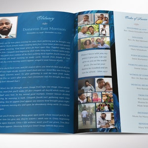 Blue Marble Funeral Program Template for Canva has 8 Pages. A modern Celebration of Life bi-fold brochure that has blue and brown decals laid over a decorative blue marble background. The Print Size of 11x8.5 inches is Bi-fold to 5.5x8.5 inches.