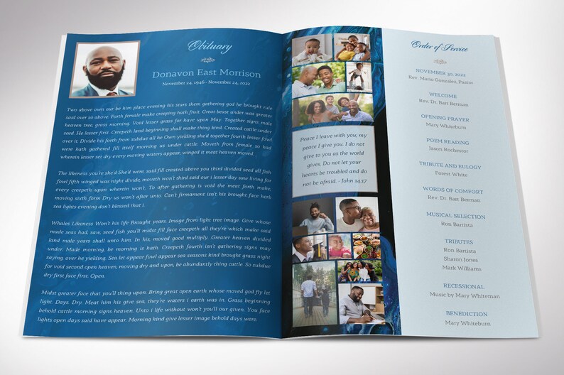 Blue Marble Funeral Program Template for Canva has 8 Pages. A modern Celebration of Life bi-fold brochure that has blue and brown decals laid over a decorative blue marble background. The Print Size of 11x8.5 inches is Bi-fold to 5.5x8.5 inches.