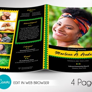 Plantilla de programa funerario jamaiquino para Canva, negro, verde y dorado, conmemoración, celebración de la vida, plantilla de obituario para mujeres, 4 páginas, 5,5 x 8,5
