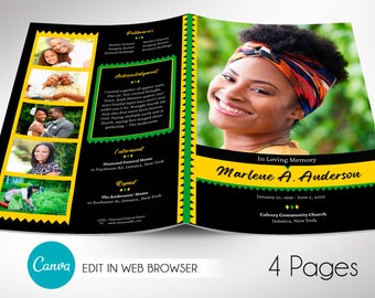 Jamaican Funeral Program Template for Canva | Memorial Service, Celebration of Life, 4 Pages | 5.5x8.5 inches