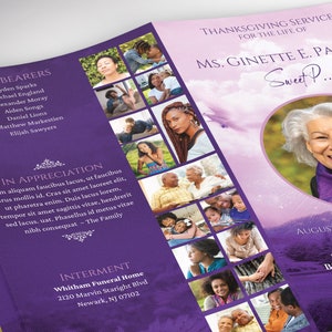 Purple Sky Funeral Program Legal Trifold Template for Canva features a purple flourishing landscape with beautiful ornaments, doves, and a pink sky. It is a Legal Size (Print Size 14x8.5 inches) and it Trifold to 4.75x8.5 inches.