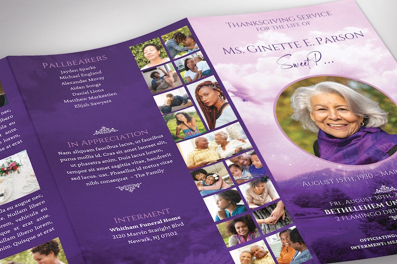 Purple Sky Funeral Program Legal Trifold Template for Canva features a purple flourishing landscape with beautiful ornaments, doves, and a pink sky. It is a Legal Size (Print Size 14x8.5 inches) and it Trifold to 4.75x8.5 inches.