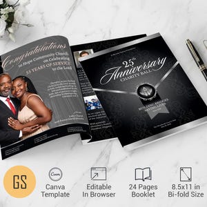Church Anniversary Souvenir Book Template: 24 Page Black and Silver Canva Program (Digital Download)