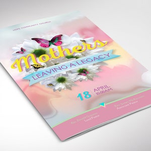 Mothers Day Program Template for Canva has 4 Pages. It features a  pink, yellow and blue background with butterflies, flowers, and beautiful typography. The Print Size of 11x8.5 inches is Bi-fold to 5.5x8.5 inches. For Mothers Day Banquet Program