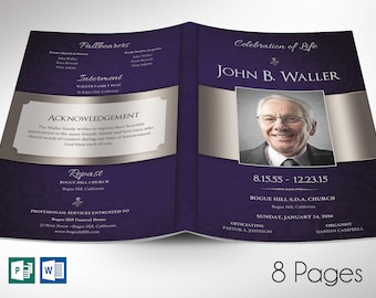 Blue Dignity Funeral Program Template | Word Template, Publisher | Celebration of Life | 8 Pages | Bifold to 5.5x8.5 inches