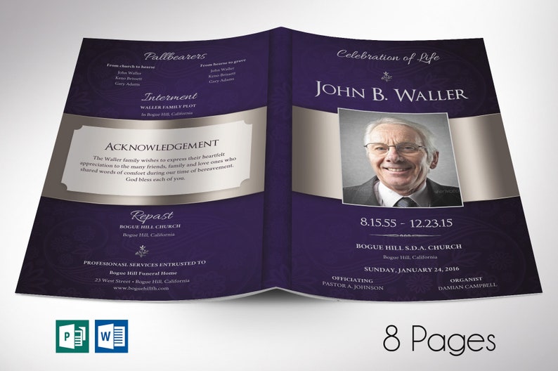 Blue Dignity Funeral Program Template Word Template, Publisher Celebration of Life 8 Pages Bifold to 5.5x8.5 inches image 1