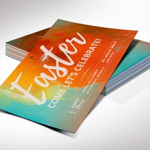 K&ouml;nnte beinhalten: Ein farbenfroher Flyer mit Aquarellhintergrund, der eine Osterfeier in der Lindell Hill Church am 25. M&auml;rz um 10:00 Uhr ank&uuml;ndigt. Der Flyer enth&auml;lt die Adresse der Kirche und den Namen des leitenden Pastors, Rev. Michael Barley.