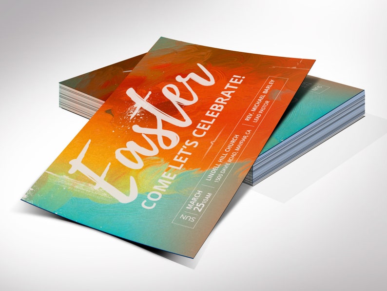 K&ouml;nnte beinhalten: Ein farbenfroher Flyer mit Aquarellhintergrund, der eine Osterfeier in der Lindell Hill Church am 25. M&auml;rz um 10:00 Uhr ank&uuml;ndigt. Der Flyer enth&auml;lt die Adresse der Kirche und den Namen des leitenden Pastors, Rev. Michael Barley.