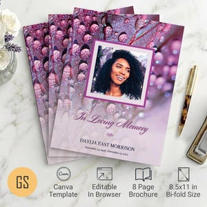 Purple Droplets Funeral Program Template for Canva: 8 Page Bifold Memorial Obituary (8.5x11) Digital Download
