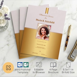 Golden Funeral Program Template: Rose Gold Obituary, Celebration of Life (Digital Download)
