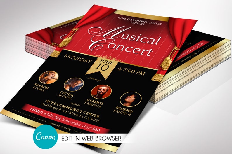 Red and Black Musical Event Flyer Template, Canva Template, Concert Flyer. 6 Tassels, Print Sizes 4x6, 5.5x8.5 in image 1