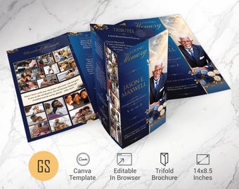 Blue Rose Funeral Program Canva Template 8.5x14 Legal Trifold Obituary Booklet (Digital Download)