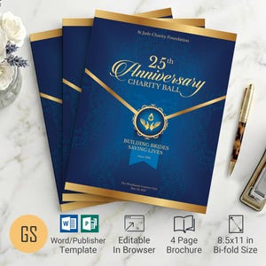 Blue & Gold Anniversary Gala Program Template for Word and Publisher: 4 Page Bifold (8.5x11)