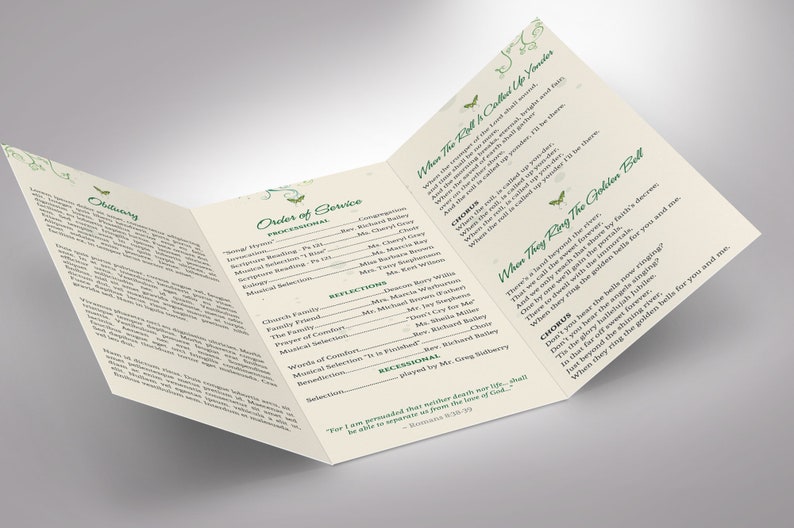 Green Princess Trifold Funeral Program Template Word Template, Publisher Green Beige, Celebration of Life, Memorial Service 11x8.5 in image 4