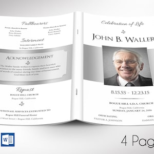 May include: A black and white funeral programme with a silver border. The programme includes the name "John B. Waller", dates "8.15.55 - 12.23.15", and the church name "Bogue Hill S.D.A. Church".