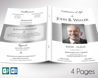 White Silver Funeral Program Template | Word Template, Publisher | Celebration of Life | 4 Pages | 5.5x8.5 inches