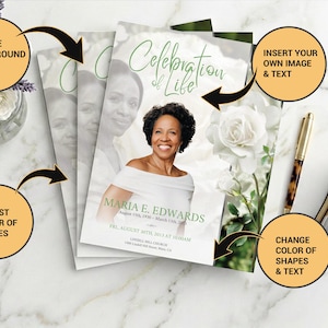 May include: A stack of memorial cards with a photo of a woman, white roses, and the words "Celebration of Life." The card includes the name "Maria E. Edwards" and event details. A gold pen and stapler are on the marble surface.
