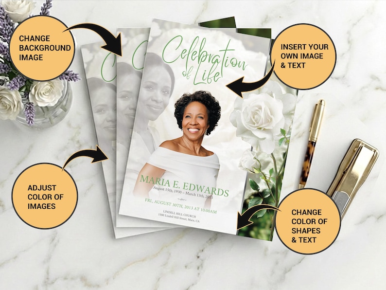 May include: A stack of memorial cards with a photo of a woman, white roses, and the words "Celebration of Life." The card includes the name "Maria E. Edwards" and event details. A gold pen and stapler are on the marble surface.